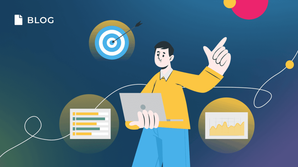 Illustration of a person holding a laptop, pointing upward, with icons of a target, chart, and graph around them—symbolizing data analysis and Customer Success. "BLOG" is displayed in the top left corner.